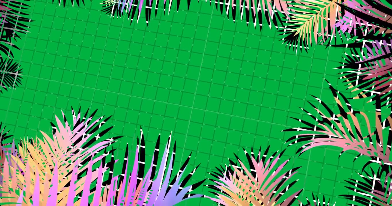 At frame four grid and pastel palm fronds rotating clockwise on transparent canvas showing rotation