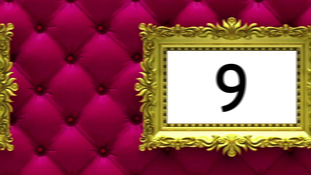 cuenta atrás en marcos de cuadros dorados en un lujoso fondo de tapicería roja. maqueta para el desfile de éxitos, gráfico. animación 3d, pantalla verde.