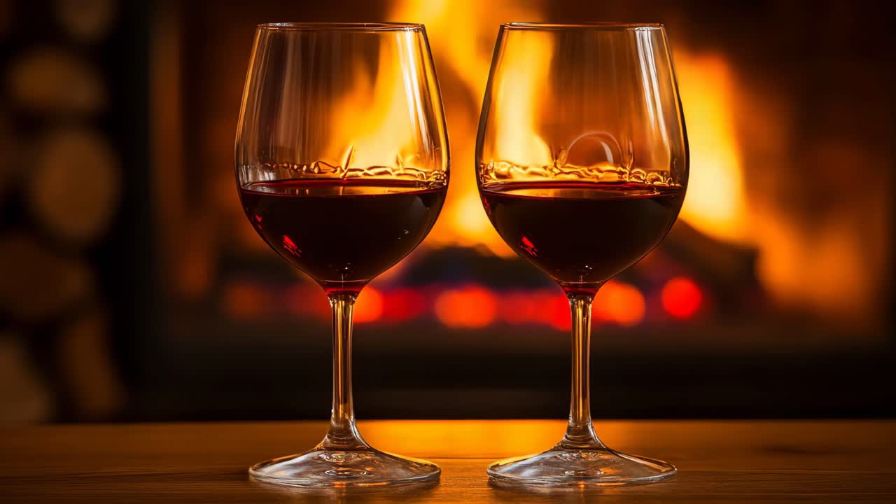 Dos copas de vino junto a una chimenea