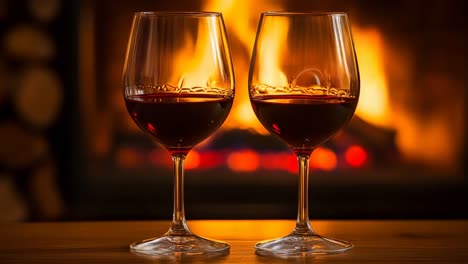 two wine glasses by a fireplace