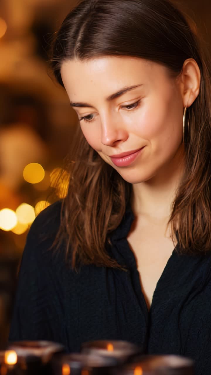Una donna con un sorriso gentile ammira la calda luce delle candele, circondata da un’atmosfera soffusa e invitante che crea un ambiente tranquillo e riflessivo