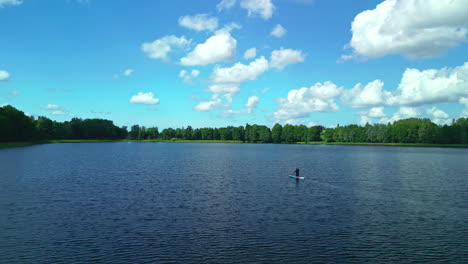 paddle boarder on tranquil lake amidst verdant trees