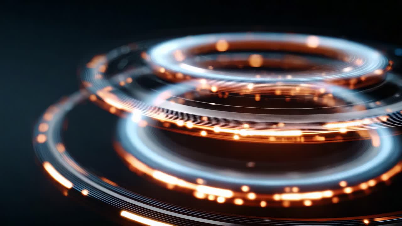 Dynamic Circular Patterns with Glowing Orbs, Showcasing a Mesmerizing Visual Display of Light and Movement in an Abstract Digital Background