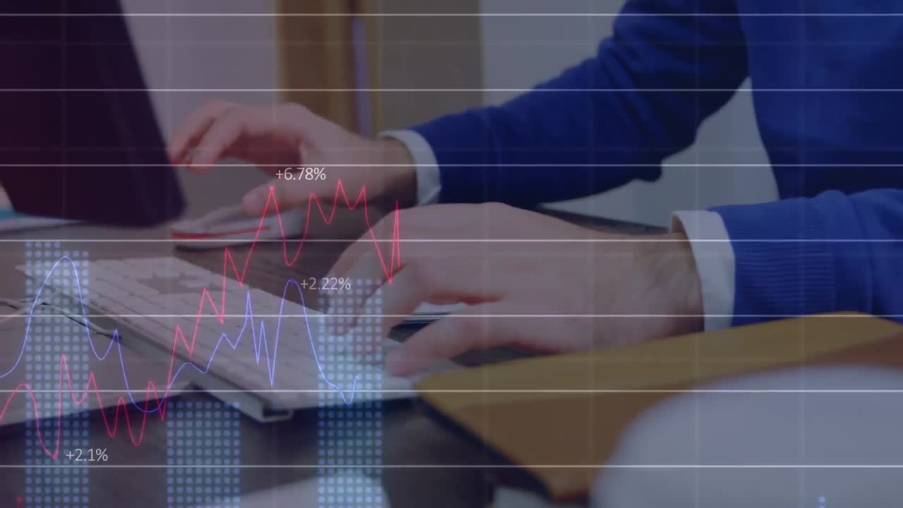 Animazione di elaborazione dati statistici su un uomo d'affari che usa il computer in ufficio