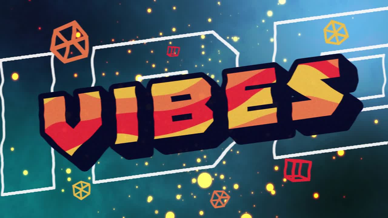 VIBES word appearing over nebula, spawning orbiting cubes and glowing particles for branding