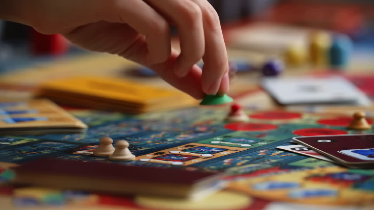 Primo piano di una mano che muove un pezzo da gioco su un colorato gioco da tavolo.