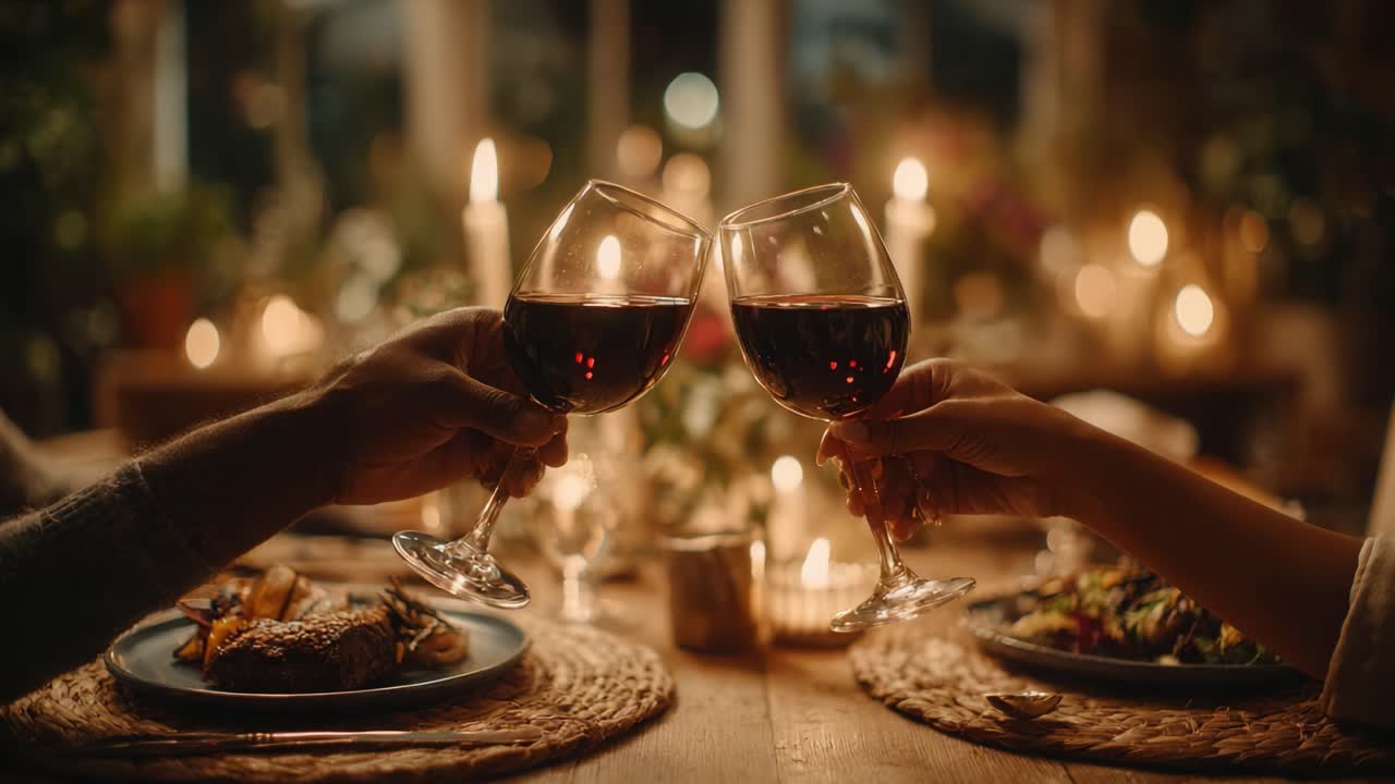 Celebrazione di una cena romantica con brindisi: un brindisi con vino rosso circondato da lume di candela e piatti deliziosi su un'accogliente apparecchiatura della tavola.