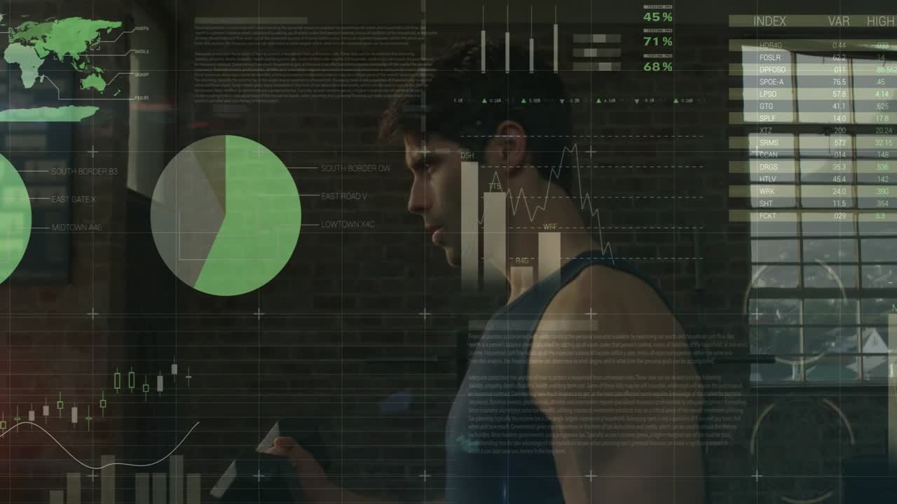 Man shifting gaze and reaching for dumbbell in loft, HUD animating fitness charts tracking reps