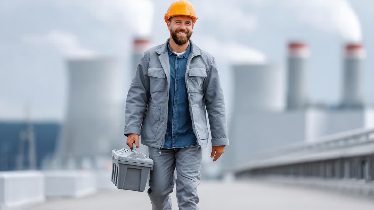 Confident Worker With Toolbox Walking on Industrial Pathway, Wearing Safety Gear and Helmet Near Power Plant With Cooling Towers in the Background