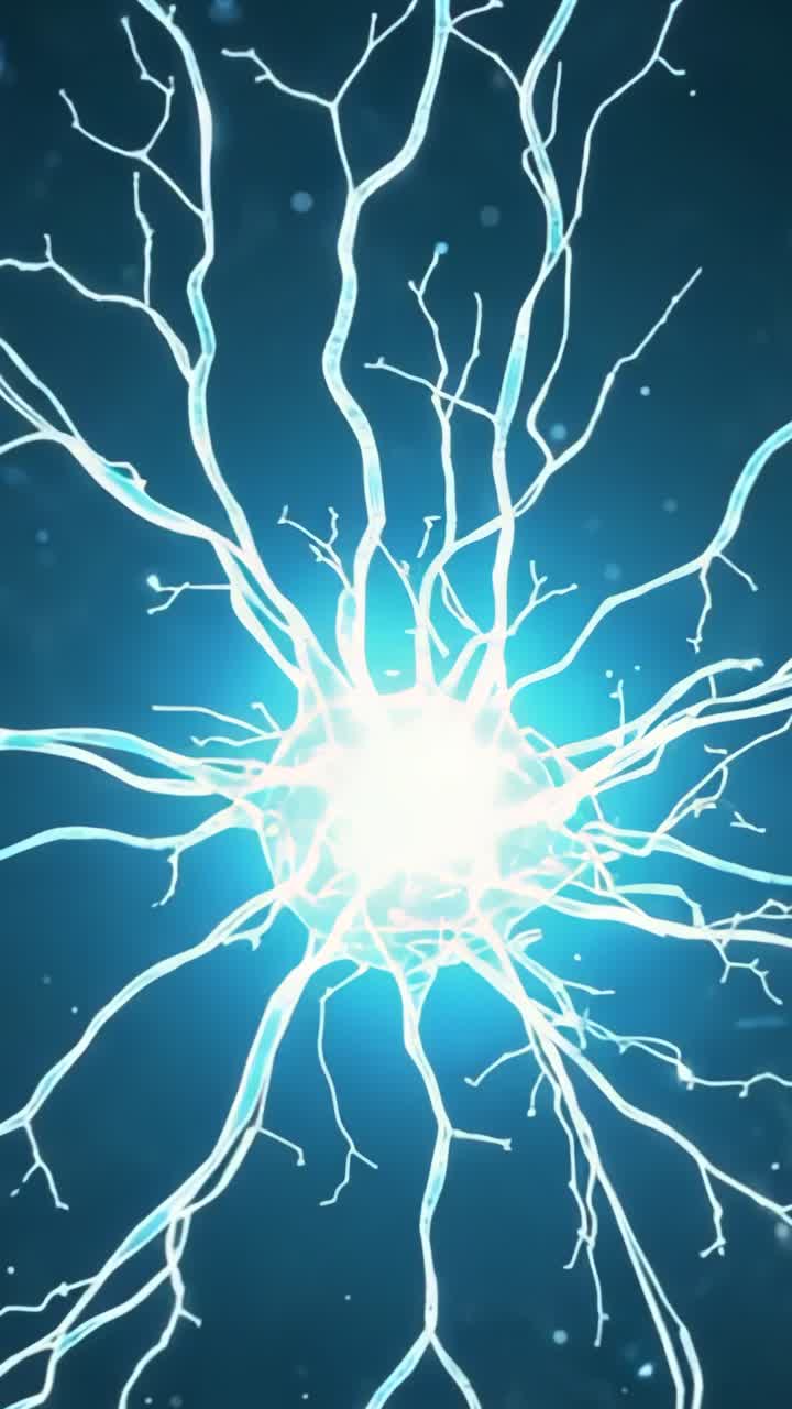 Vertical video: Opening dark void revealing neuron emitting blue-white pulses through dendrites