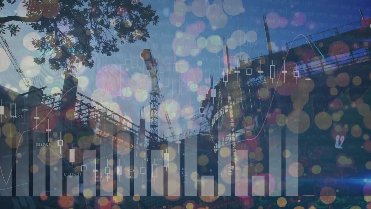 도시 풍경 위의 데이터 처리 애니메이션