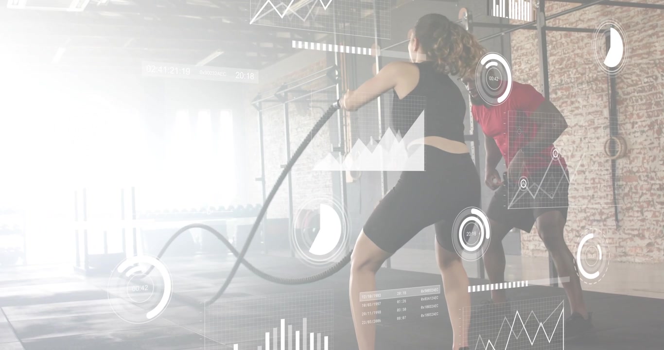 Trainer cueing client whipping ropes, transparent analytics overlays tracking power during training