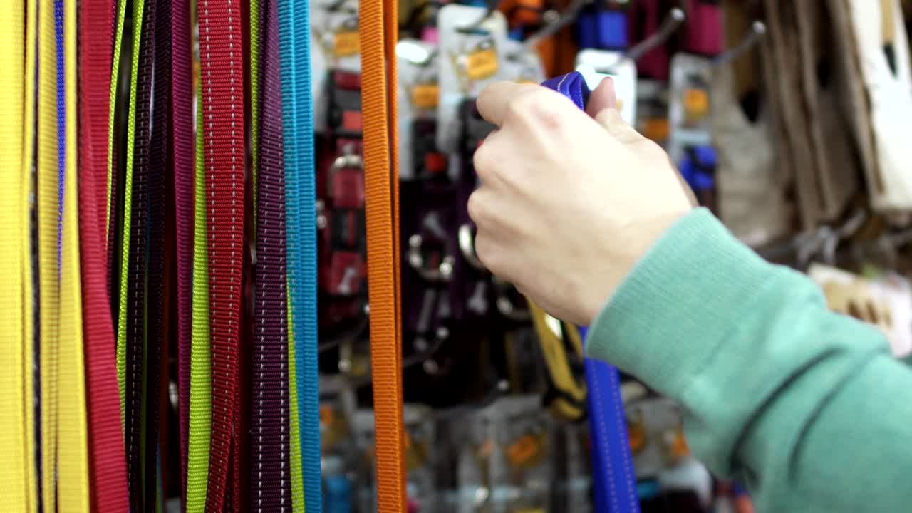 hombre elige plomo para su perro en la tienda de mascotas