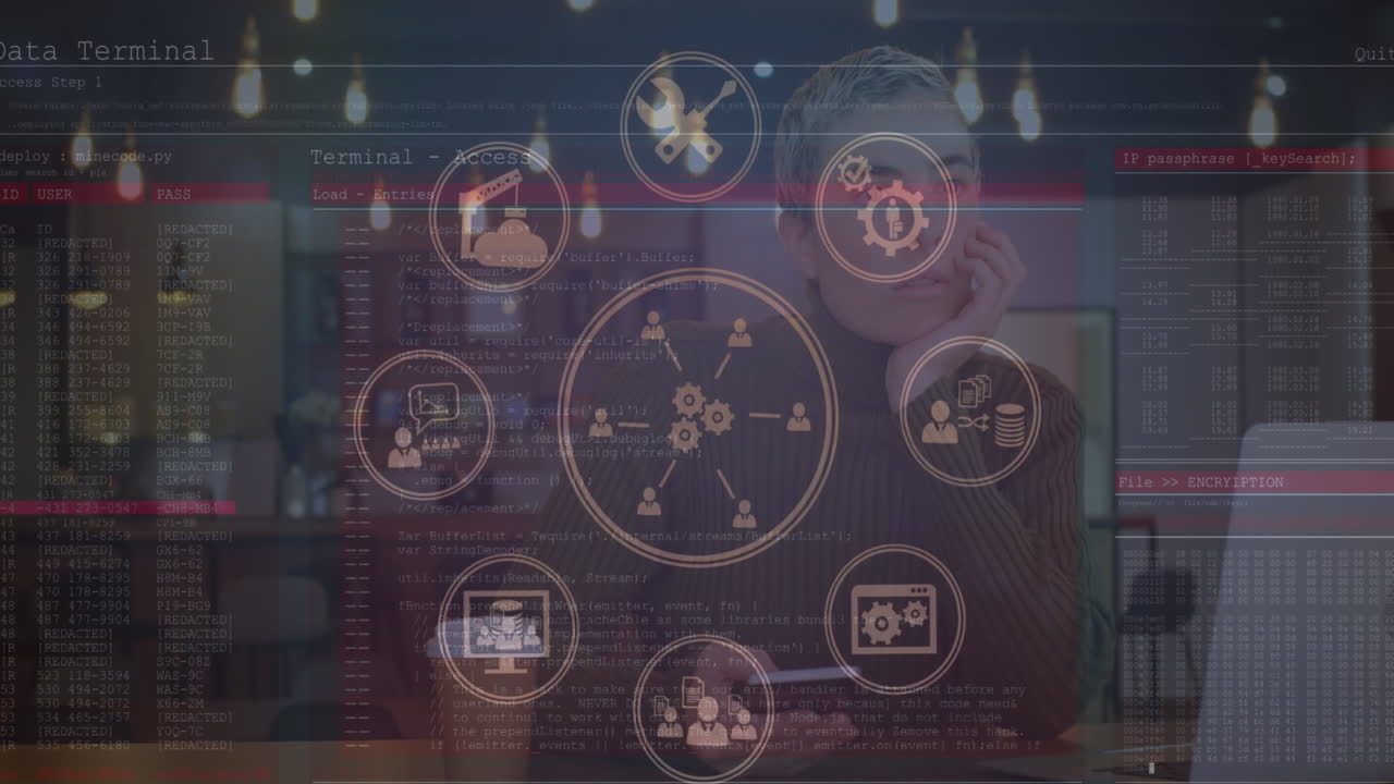 animación de iconos digitales y procesamiento de datos sobre una mujer caucásica usando un teléfono inteligente en una cafetería