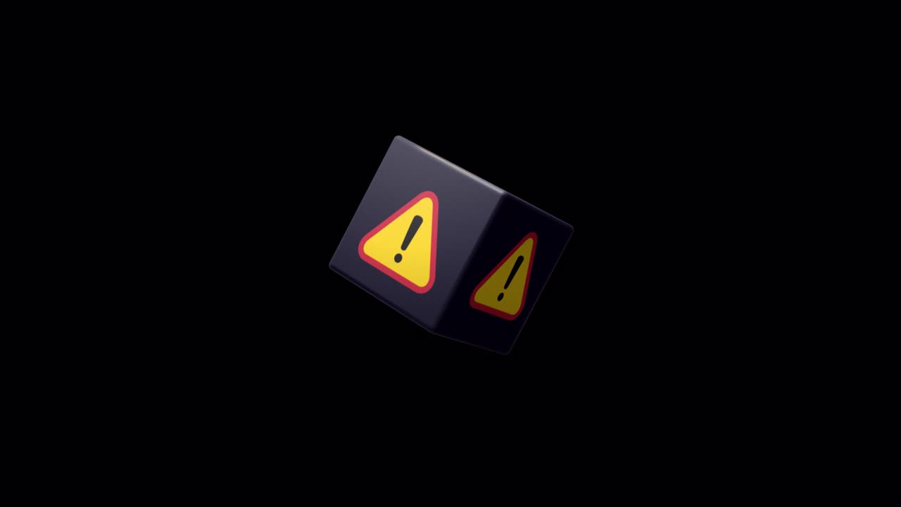 Rotating 3D Cube with Warning Exclamation Mark Signs