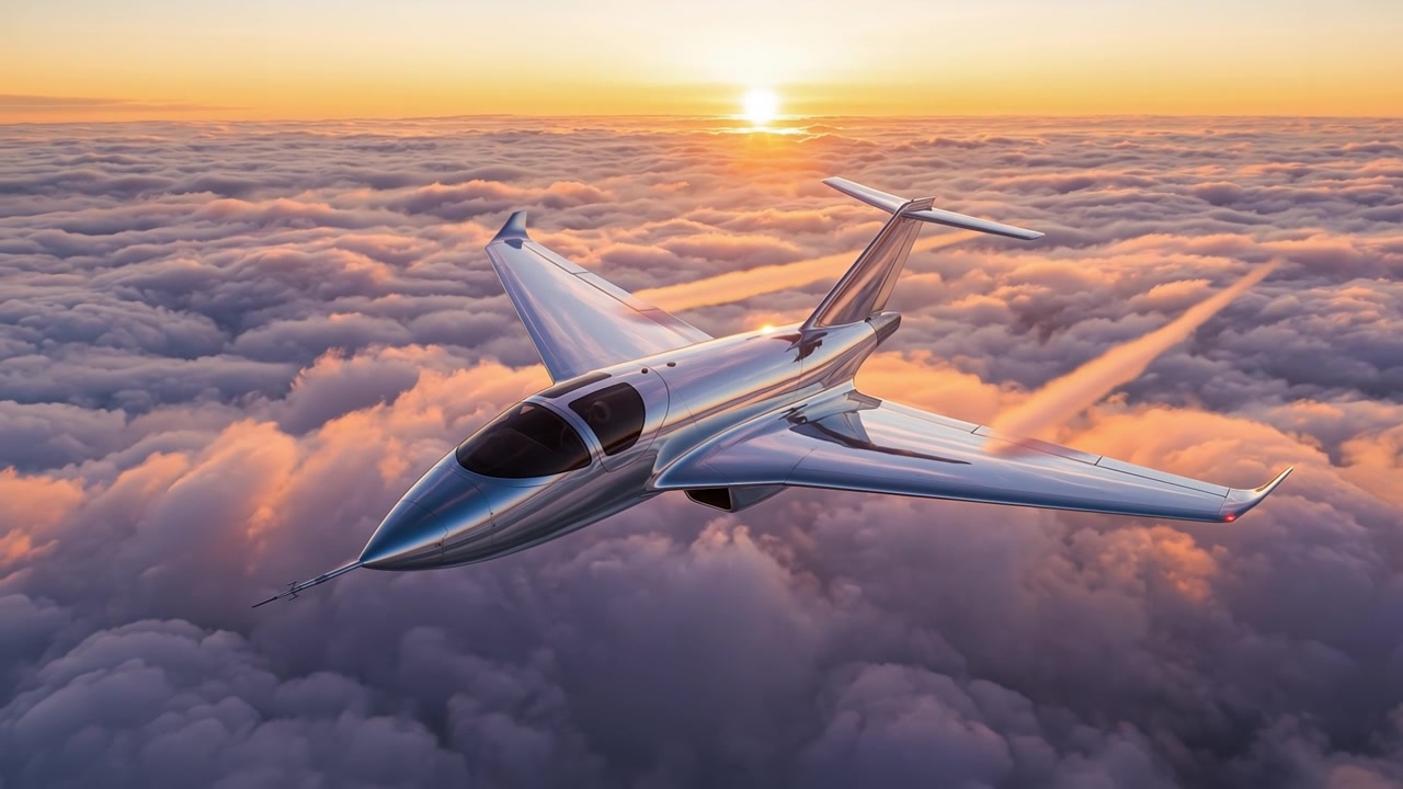 Moderner silberner Privatjet fliegt durch einen wunderschönen Sonnenuntergangshimmel über einem Wolkenmeer.