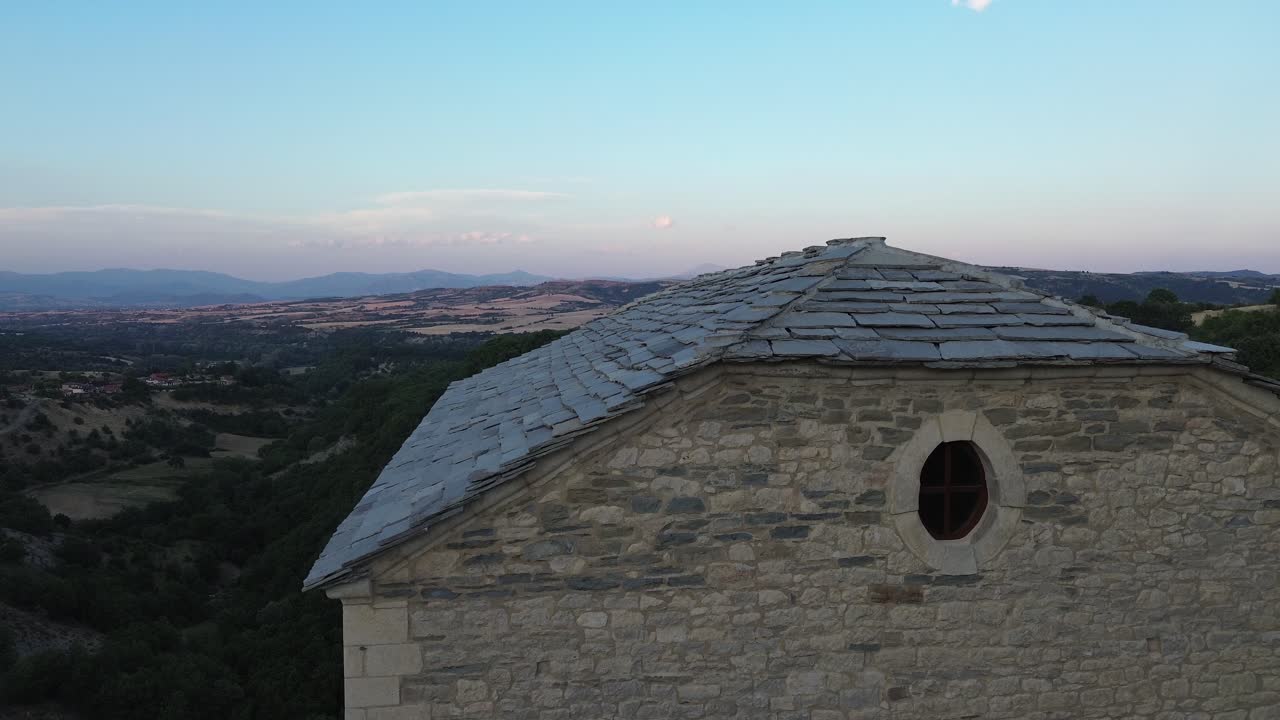 Saint Anna orthodox stone church North Greece Agia Anna Waterfall dried water cascade aerial drone
