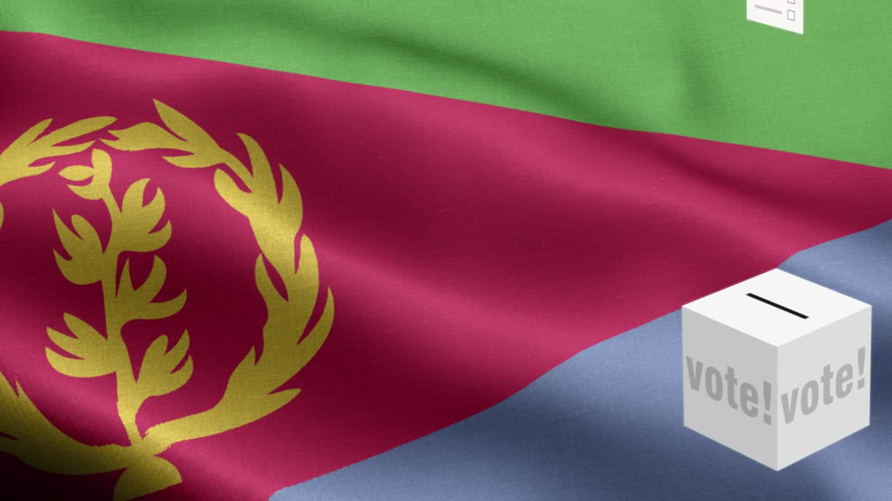 발 앞에 있는 투표용지 - 에리트레아 선택을 위해 투표용지가 박스에 날아갑니다 - 선거 - 투표 - 에리테리아의 발 - 에리트리아 발 높은 세부 사항 - 국가 발 에리트레이아 파동 패턴 루프 가능한 요소 - 직물 질감과 끝없는 루프