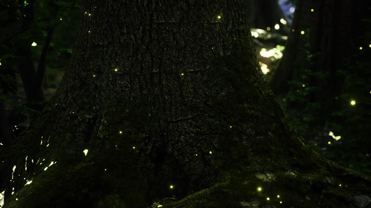 Glowing fireflies illuminating the bark of an ancient tree at twilight