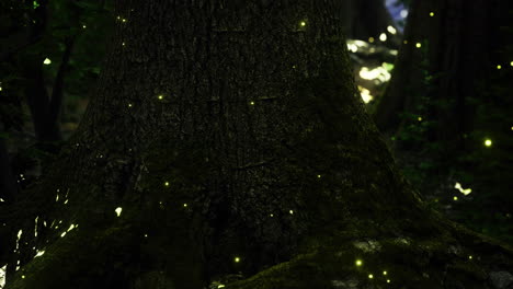 glowing fireflies illuminating the bark of an ancient tree at twilight