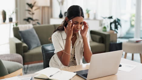 woman, headache and stress laptop for home