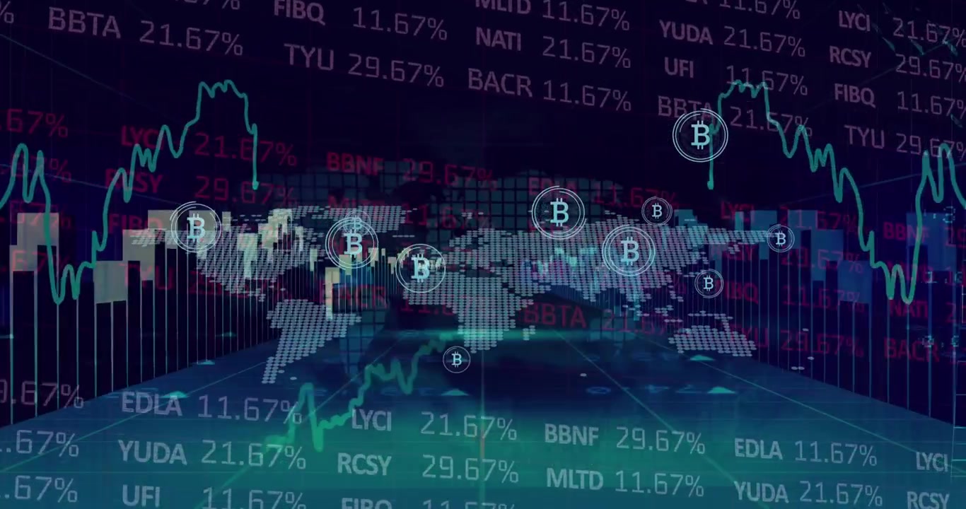 Animation of world map, bitcoins and financial data over black and green background