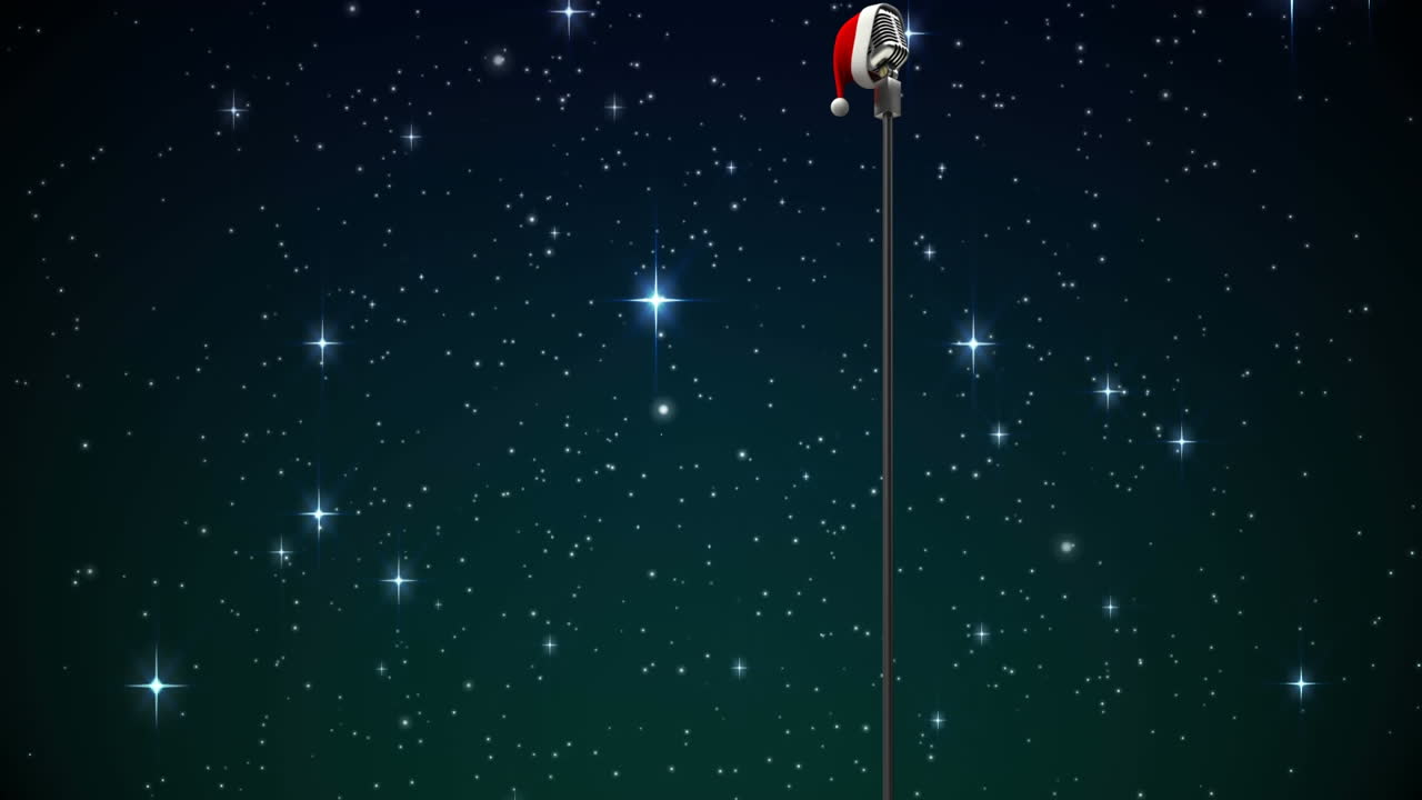 animación de estrellas cayendo sobre el micrófono con sombrero de navidad en un fondo oscuro