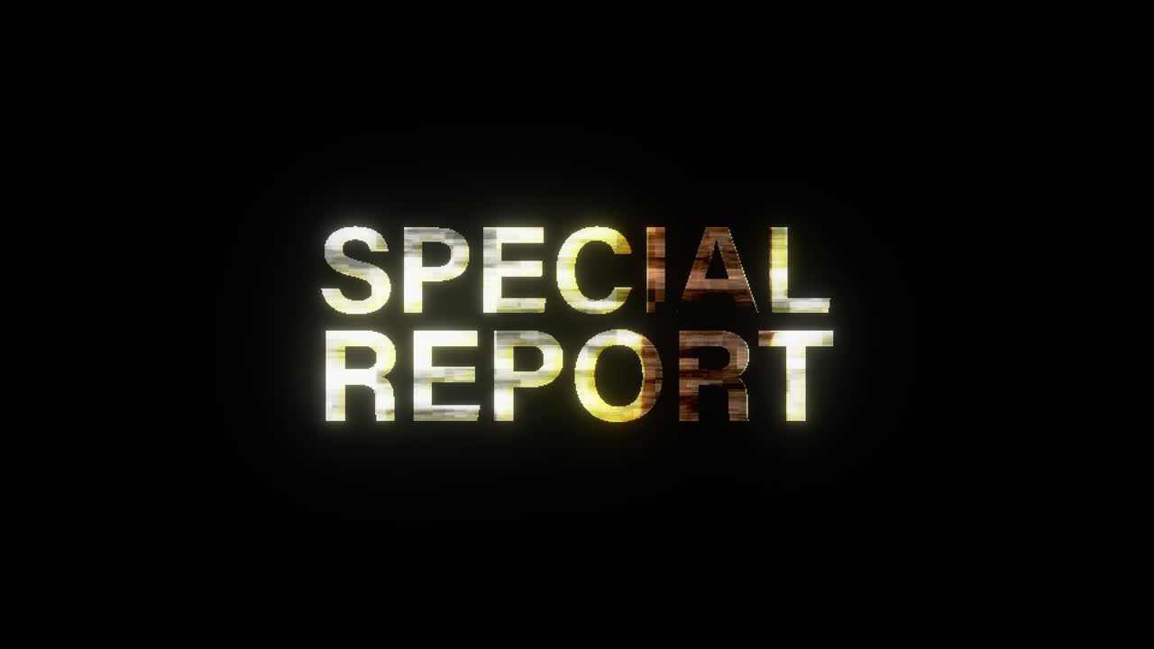 SPECIAL REPORT gold shine light text word with glitch text effect animation loop. 4K 3D seamless looping  Special Report effect element for Media, News headline title, intro, title, screen overlay.