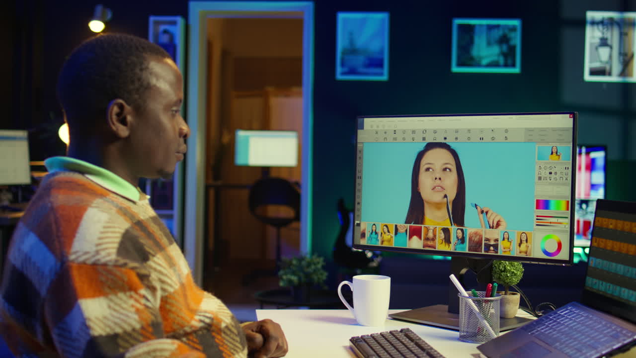 Man editing photos at his desk in his home office