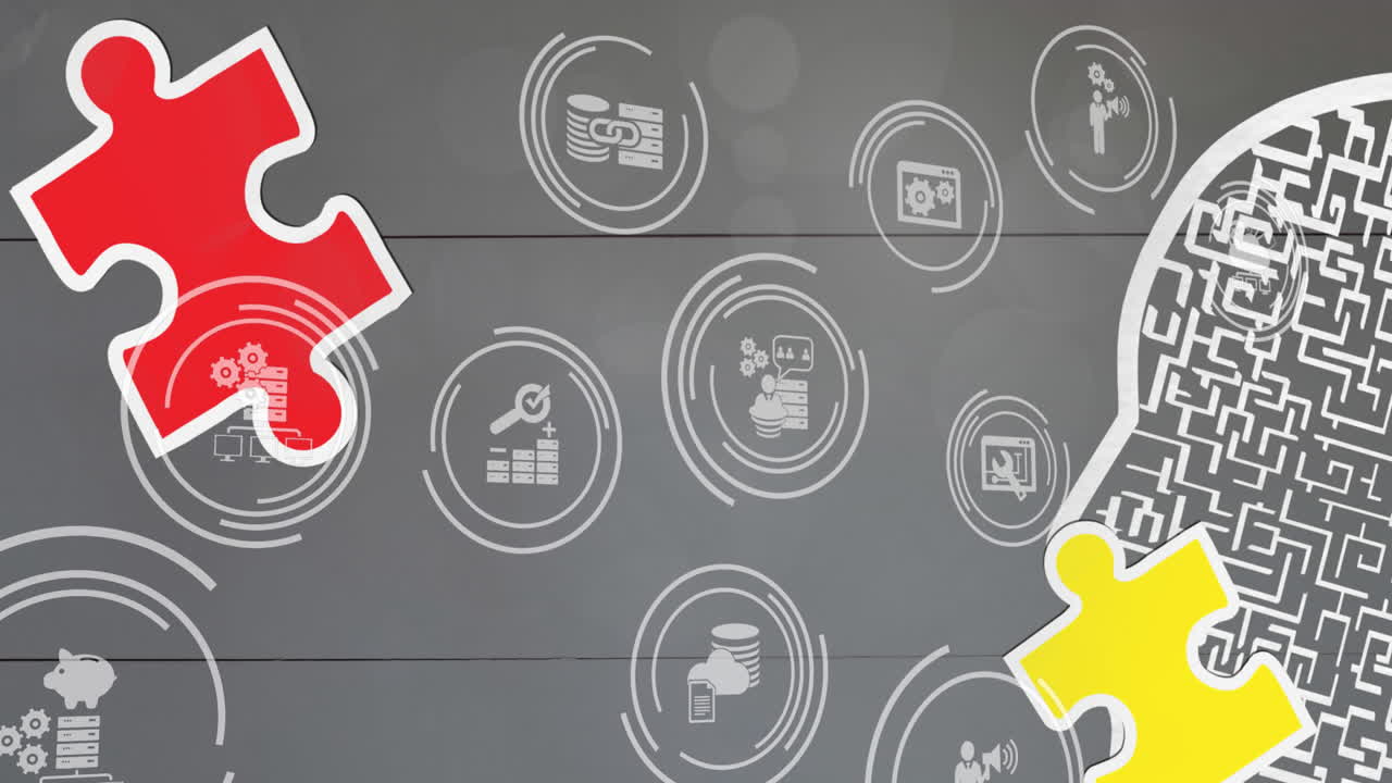 Animation of puzzles falling with digital icons on grey background