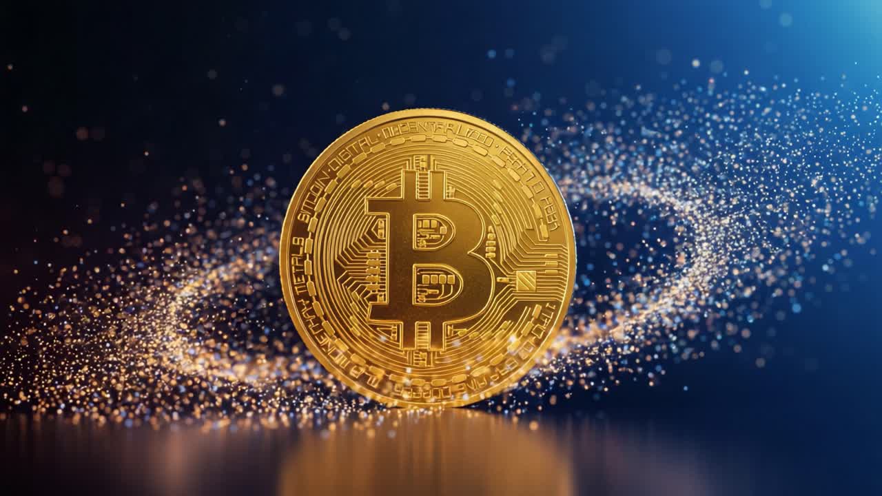 A Radiant Golden Bitcoin Coin Surrounded by Sparkling Glimmers, Highlighting Its Significance in Modern Cryptocurrency and Digital Finance