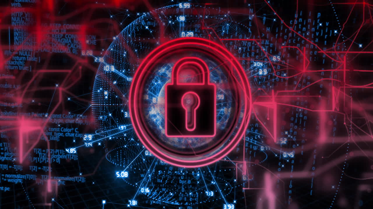 Animation of red padlock icon over digital network with binary code background