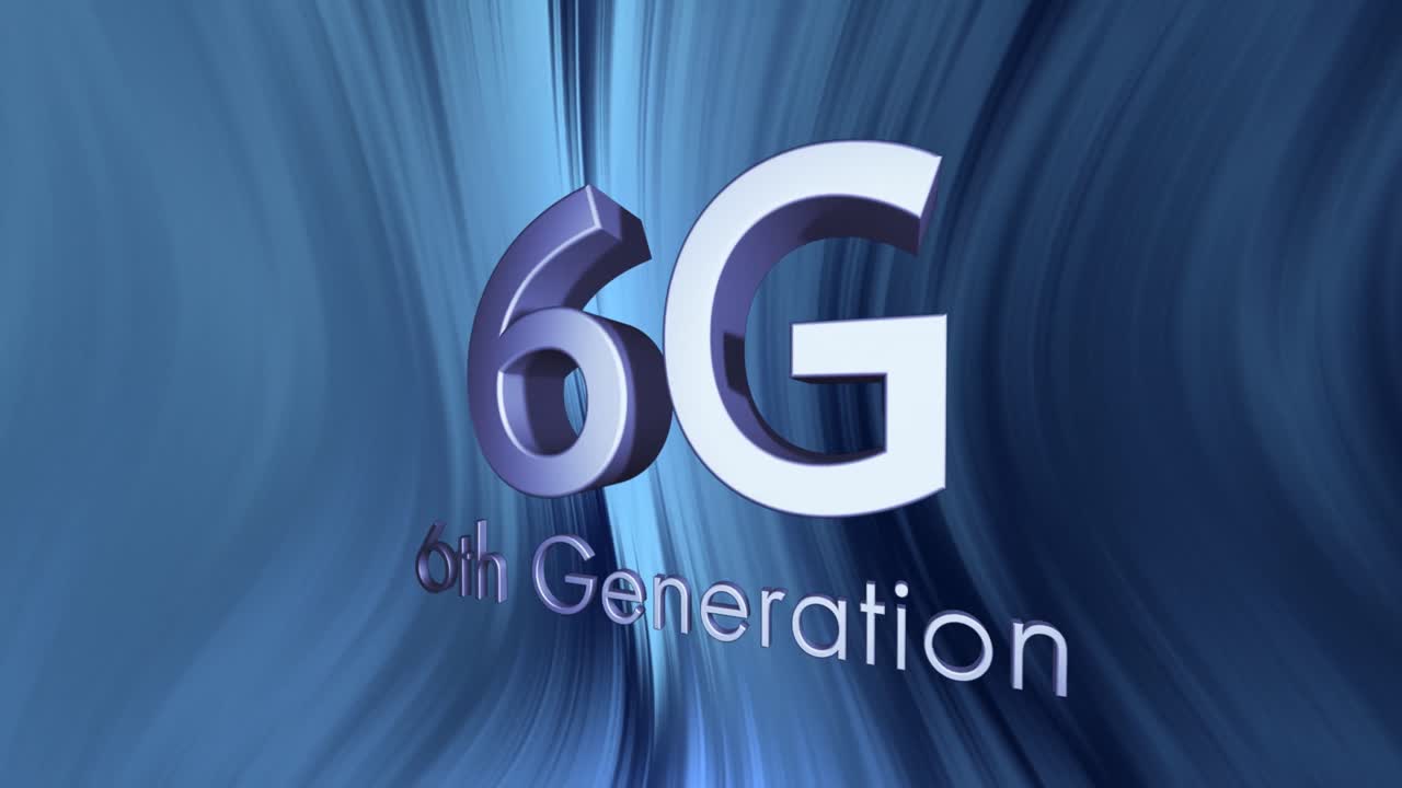 animación de texto de 6g de sexta generación sobre rastros de luz azul en el fondo
