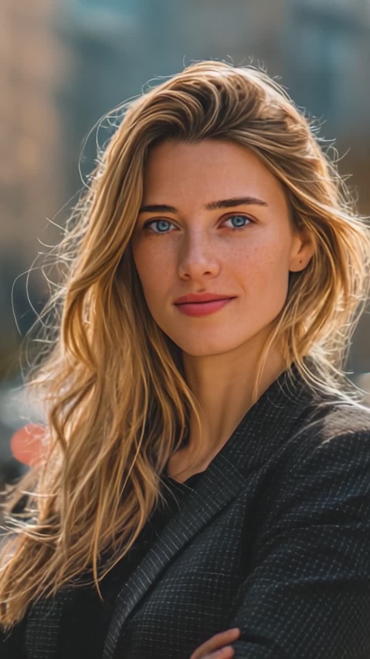 Un ritratto di bellezza naturale: donna affascinante con capelli lunghi e occhi azzurri sorprendenti, che esprime sicurezza in un elegante outfit nero su uno sfondo urbano.