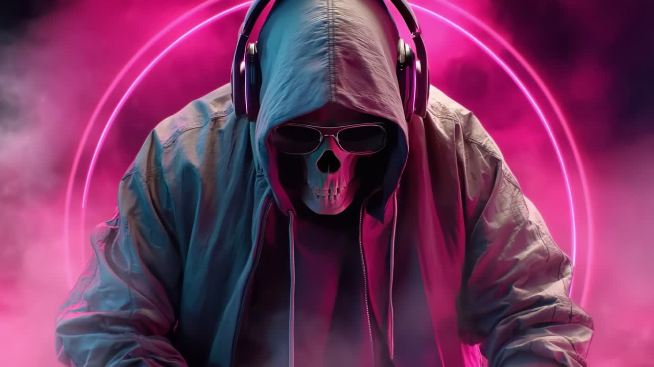 Una figura misteriosa con una giacca con cappuccio e occhiali da sole, con una maschera a forma di teschio, crea un'atmosfera elettrizzante con luci al neon e fumo drammatico, incarnando una enigmatica personalità da DJ.