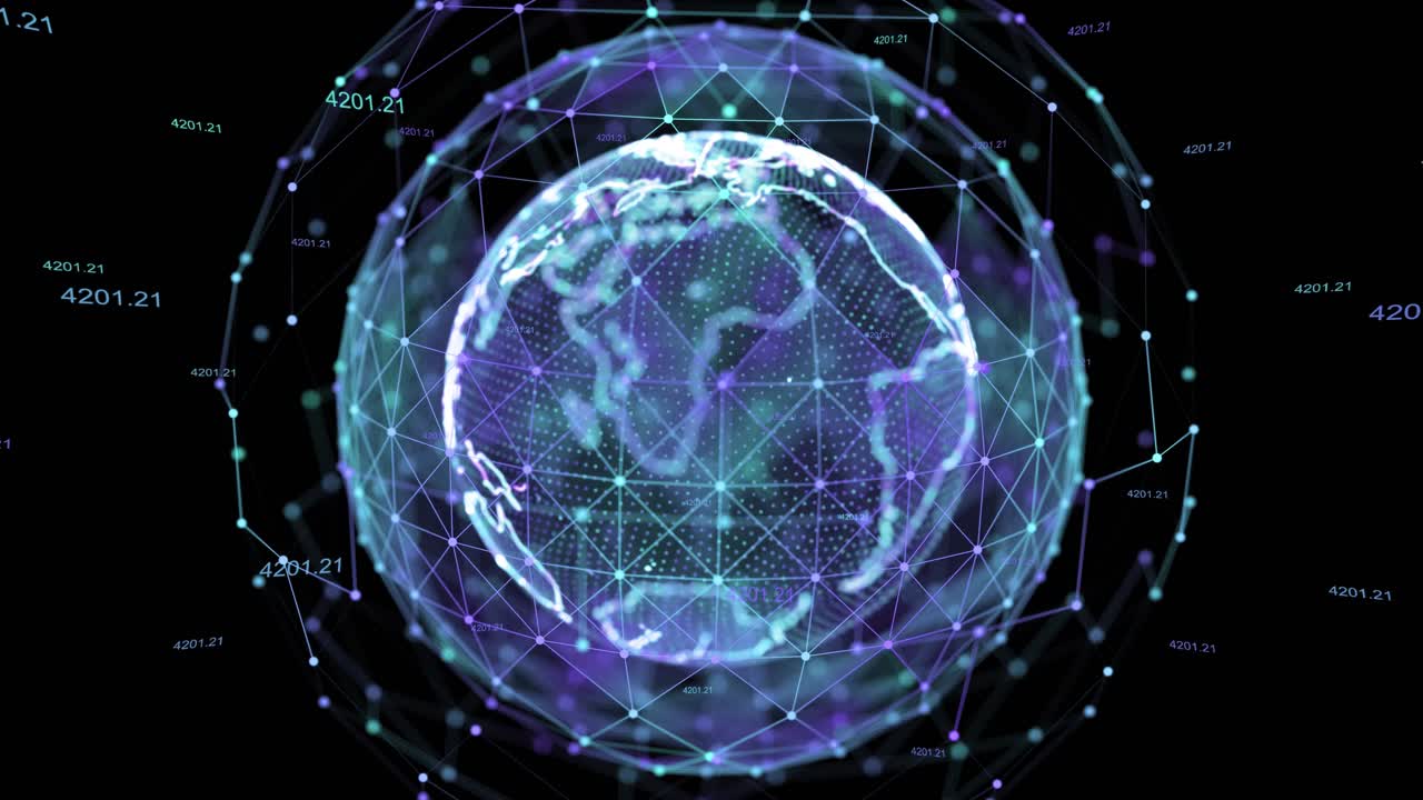 The planet earth hologram rotating node connection 4k loop animation with alpha global worldwide