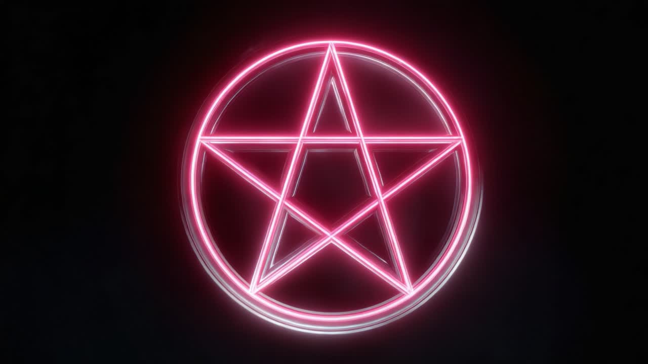 Zářící symbol pentagramu v neonově růžové barvě: Podmanivé ztvárnění mystických a esoterických témat zachycené ve dvou snímcích.