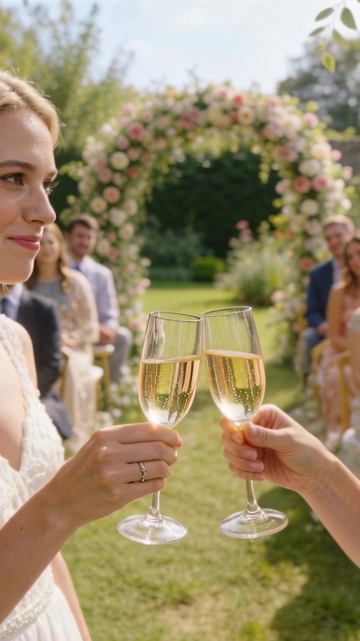Video verticale: Sposa sorridente in abito che brinda con calici sul prato mentre un'altra persona offre un secondo calice, con spazio per il testo.