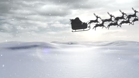 animation of snow falling over silhouette of santa claus in sleigh with reindeer in winter scenery