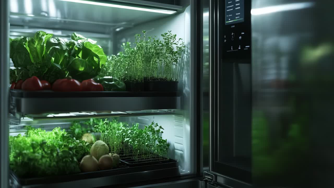 Open Fridge with Fresh Vegetables and Microgreens