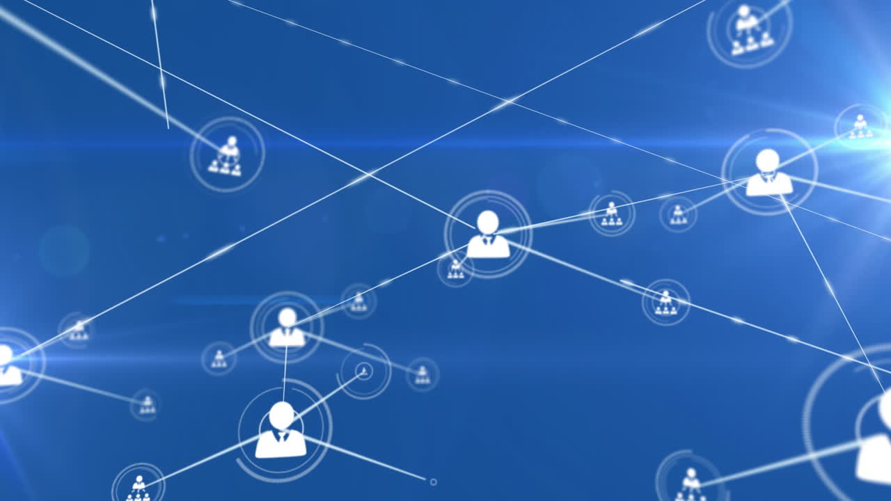 파란색 배경의 빛 트레일 위의 아이콘으로 연결 네트워크의 애니메이션