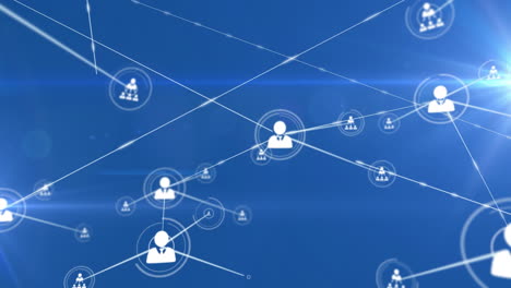 animation of network of connections with icons over light trails on blue background