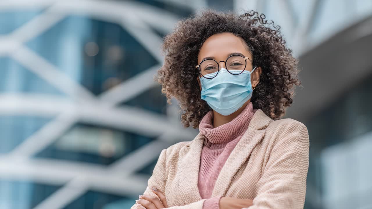 Confident Young Woman Wearing a Face Mask Poses Boldly in Front of Modern Architecture, Highlighting Health Safety and Contemporary Style
