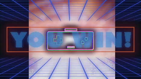 animación de usted ganar texto sobre el icono del gamepad y formas