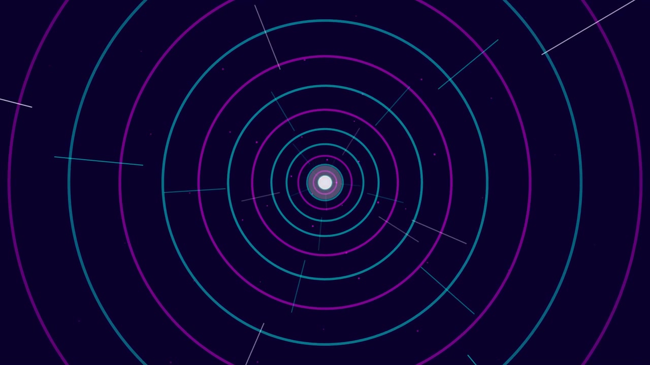 Abstract Motion Background with Expanding Neon Circles and Light Rays