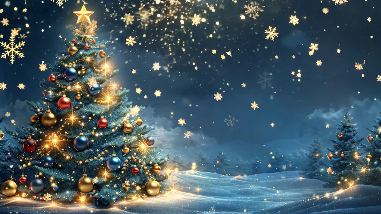 A Christmas tree with many ornaments is lit up and surrounded by snow. The scene is peaceful and serene, evoking a sense of warmth and joy during the holiday season