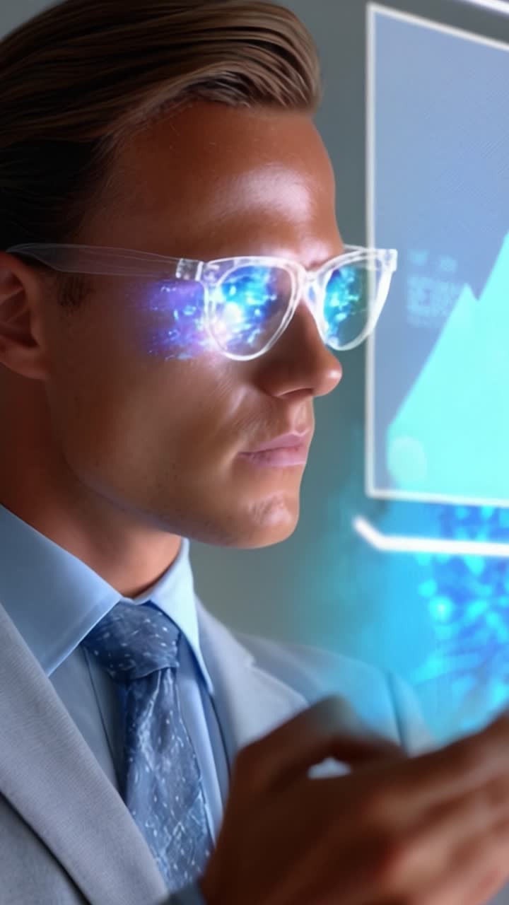 En professionel med højteknologiske briller engageret i dataanalyse via augmented reality-visualiseringer, der reflekteres i hans briller i et moderne miljø