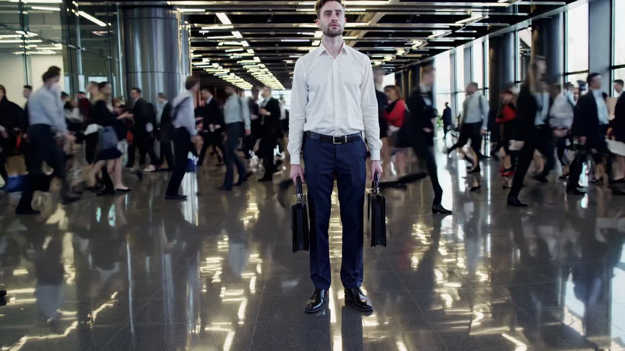 Professional businessman standing motionless, carrying dual briefcases amid blurred commuters in sleek corporate lobby, representing unique perspective and unwavering professional focus