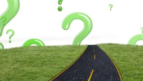 animation of question marks over landscape with road