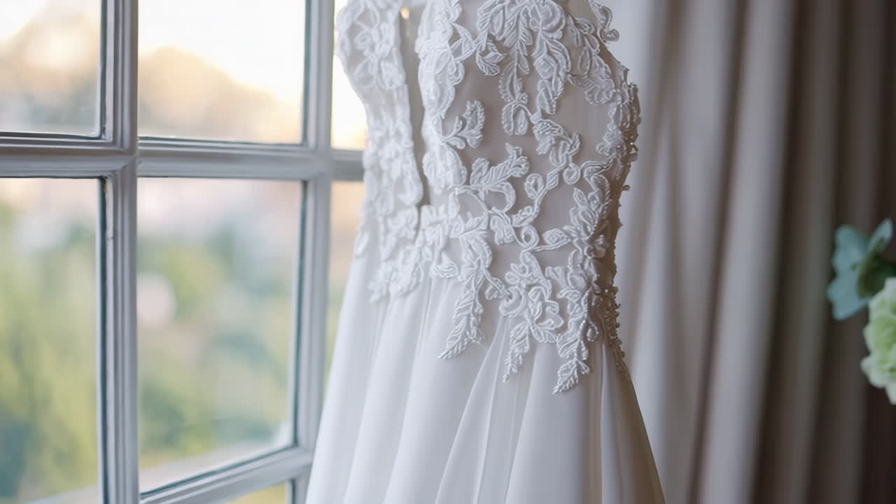 Elegant Wedding Dress Hanging by a Window